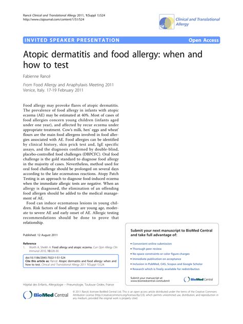 Pdf Atopic Dermatitis And Food Allergy When And How To Test