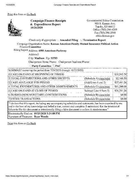 Fillable Online Ethics Ks Campaign Finance Receipts And