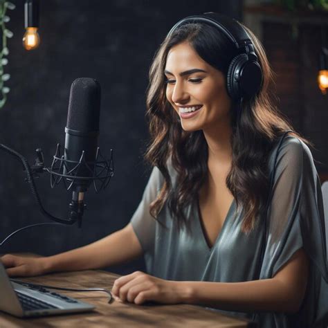 Premium Ai Image Cheerful Woman Podcaster Recording Her Voice Into