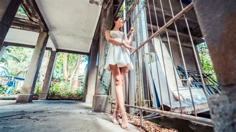4K Asian Brunette Girl Fence Dress Hands Legs Stilettos HD