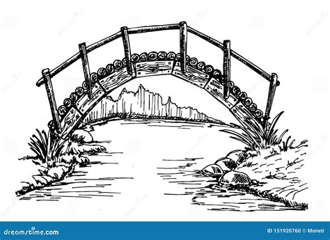 Stone Bridge Over River Landscape Sketch Retro Stock Illustration