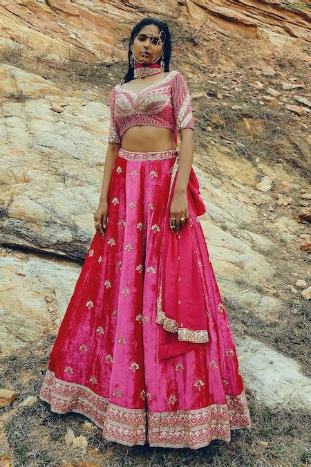 Buy Pink Velvet Embroidered Floral Motifs V Neck Bridal Lehenga Set For