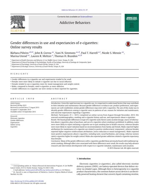 Pdf Gender Differences In Use And Expectancies Of E Cigarettes