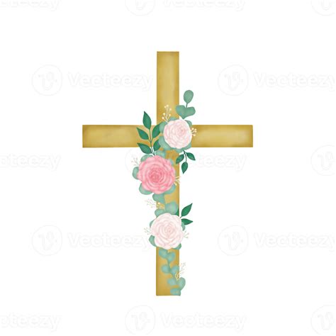 Watercolor Easter Cross With Flowers 20965473 PNG