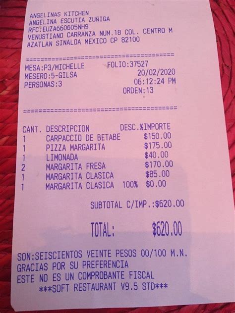 Menu at Angelina's Kitchen restaurant, Mazatlán