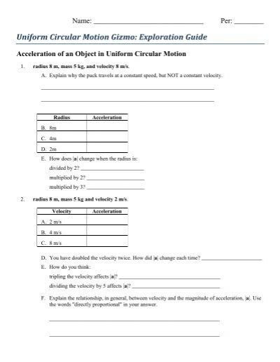 Uniform Circular Motion Gizmo Exploration Guide Acceleration Of