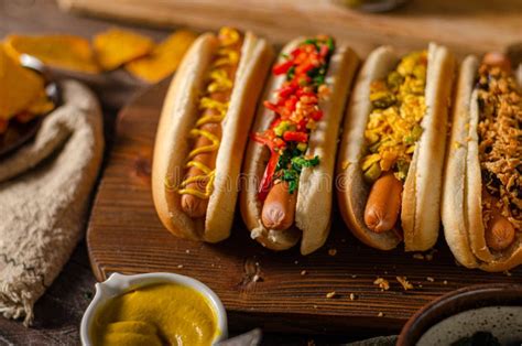 Hot dog variations stock image. Image of mustard, delicious - 209504843