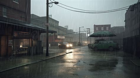 Dark City Rain On The Street With Cars And Buildings Background