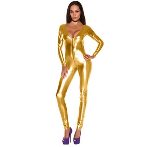 Sexy V Neck Shiny Gold Jumpsuit For Women Faux Leather Bodysuit Zipper