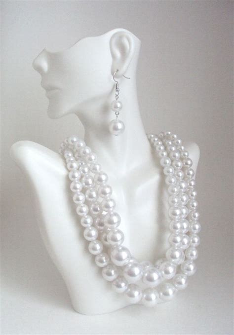 Chunky White Pearl Necklace Multi Strand Statement Necklace Etsy