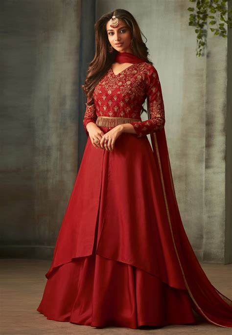 Red Silk Layered Anarkali Suit 185086 Silk Anarkali Suits Lehenga