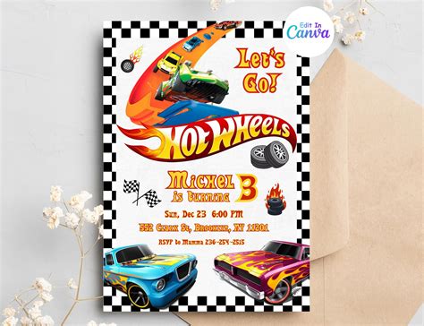 Hot Car Wheel Invitation Race Cars Birthday Invitation Digital Hot Wheels Birthday Invite Hot