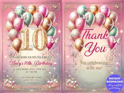 Glittering Pink And Gold 10th Birthday Invitation With Pastel Balloons