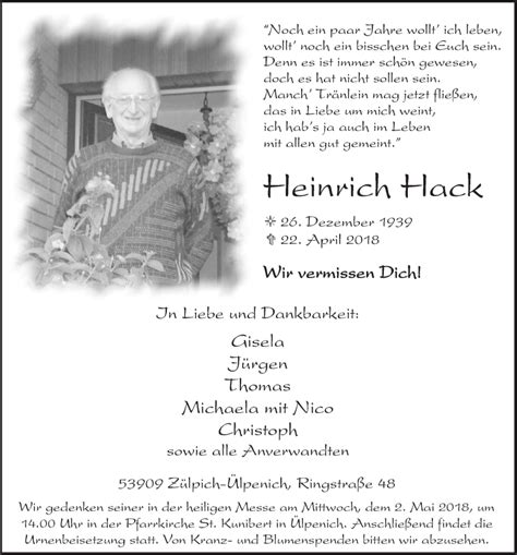Traueranzeigen Von Heinrich Hack Wirtrauern