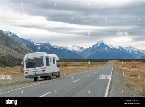 Motorhome On Mount Cook Road State Highway 80 Along The Tasman River