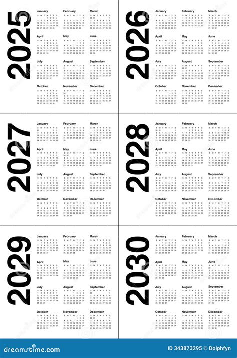 2025 2026 2027 2028 2029 2030 Year Calendar Vector Design Template ...