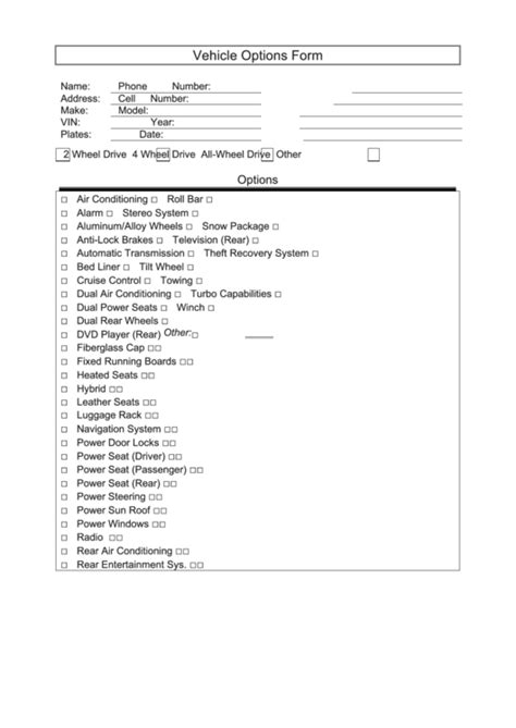 Vehicle Options Form printable pdf download