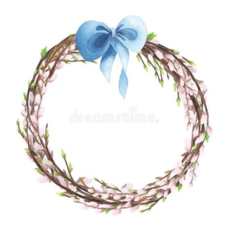 Willow Wreath Watercolor With Spring Twigs And Blue Bow Isolated On