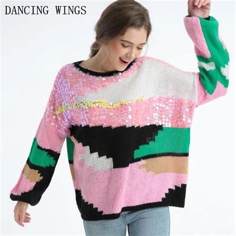 Autumn Winter Colorful Sequin Women Sweaters And Pullovers Casual Round