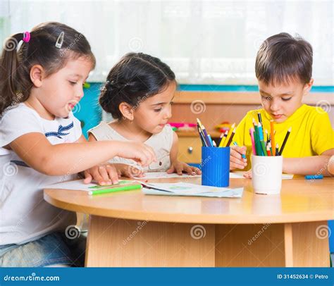 Group of Cute Little Prescool Kids Drawing Stock Photo - Image of ...