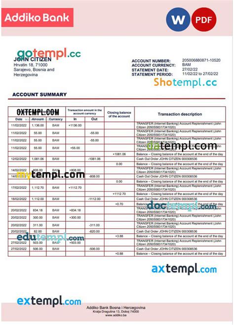 Doctempl Bosnian Addiko Bank Statement 3 6 Months Example In Word