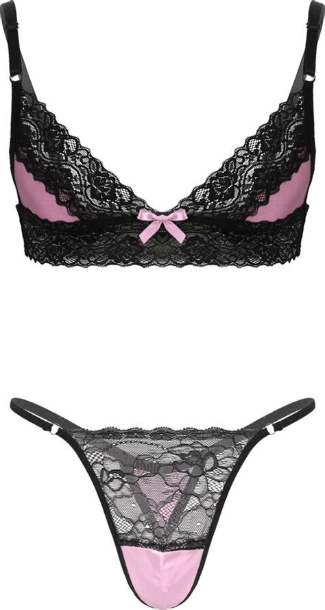 Agoky Men 2 Piece Bikini Lingerie Set Lace Floral Sheer Bra Micro G