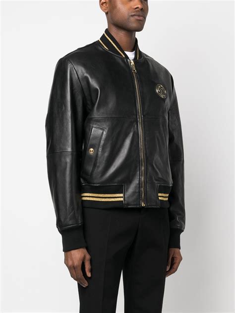 Versace Jeans Couture V Emblem Leather Jacket In Black Gold Modesens