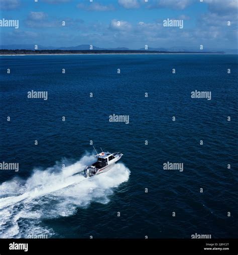 Aerial Of Speed Boat On Calm Water Stock Photo Alamy