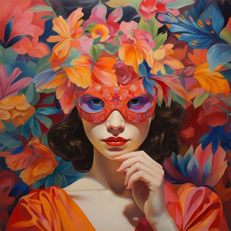 Premium Photo | A woman with a mask on her face is shown in a colorful painting