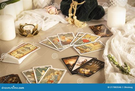 Defocused Mystic Ritual With Tarot Cards Fortune Telling And Esoteric