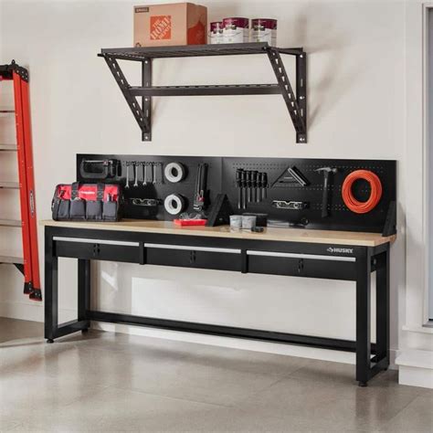 Husky Ready-To-Assemble 8 ft. Solid Wood Top Workbench in Black with Pegboard and 3 Drawers ...