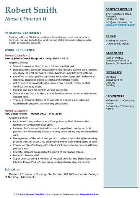 Nurse Clinician Resume Samples Qwikresume