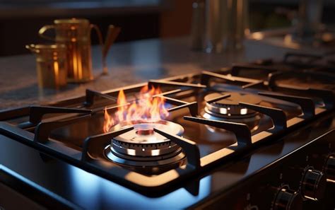 Premium Photo Gas Stove With Burning Gas On The Modern Kitchen Background Close Up Of A Gas Stove