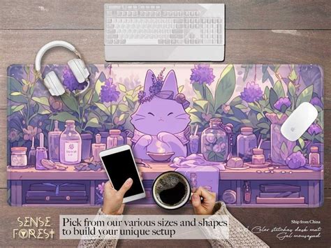 Kawaii Purple Hydrangea Witchy Cat Pu Leather Desk Mat Cute Green