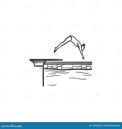 Swimming Pool Female Diving Hand Drawn Outline Doodle Icon Stock