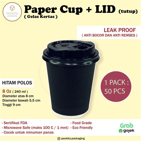 Paper Hot Cup Gelas Kertas Tahan Panas Black 8 Oz 240ml LID TUTUP