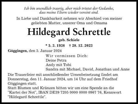 Traueranzeigen Von Hildegard Schrettle Augsburger Allgemeine Zeitung