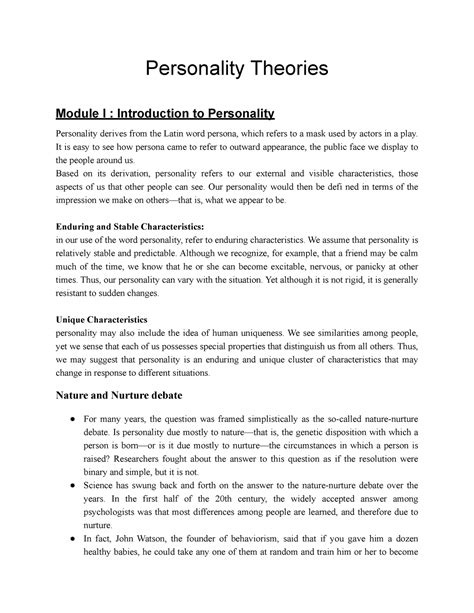 Personality Theories Notes Personality Theories Module I