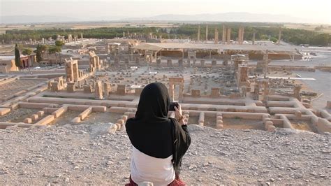 Woman In Hijab Travel Take Photo Of Persepolis Panorama Ancient