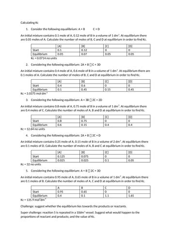 Calculating Equilibrium Constant From Initial Concentrations A Level Teaching Resources