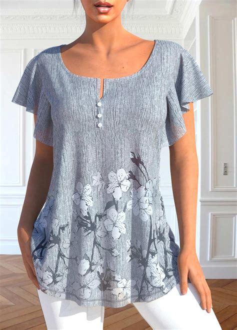 ROTITA Button Floral Print Grey Scoop Neck T Shirt Rotita USD