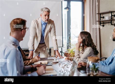 Mature Businessman Giving A Presentation In A Business Meeting Stock