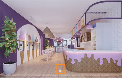 An Ice Cream Shop With Purple Walls And Wood Flooring Decorated In