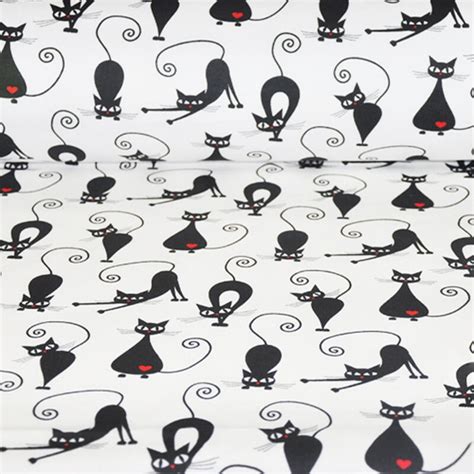 Black Cat Fabric Cats Print Fabric With Tiny Hearts By The Etsy