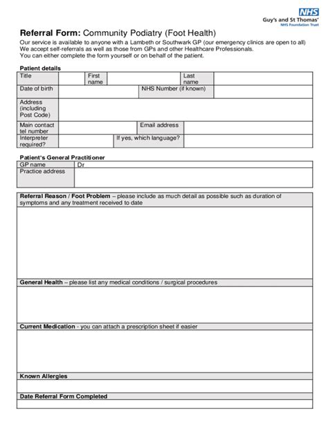 Fillable Online Referral Form Community Podiatry Foot Health Fax