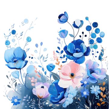 Floral Painting With Blue And Pink Flowers Painting Flowers Blue Png