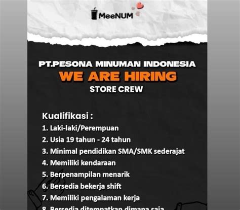 Lowongan Kerja Store Crew PT PESONA MINUMAN INDONESIA Oktober 2021