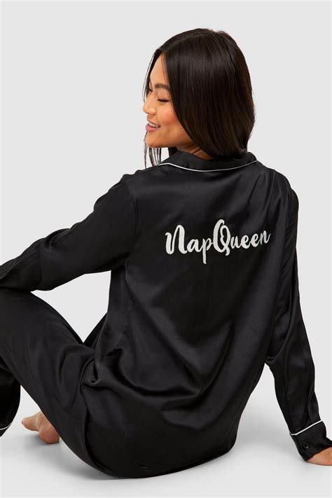 Nap Queen Embroidery Satin Pyjama Trouser Set Boohoo