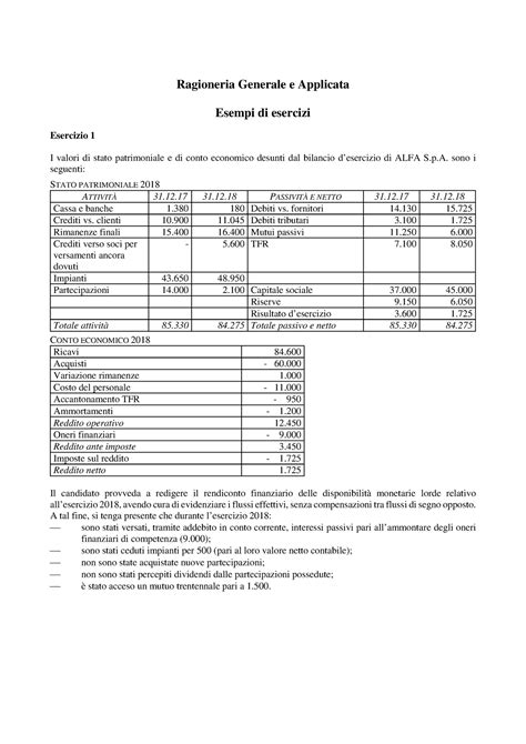 Esempi Di Esercizi Ragioneria Generale E Applicata Esempi Di Esercizi