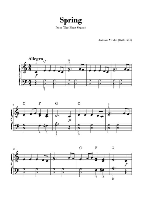 Spring from 'The Four Seasons' - Easy Piano and Chords by Antonio ...